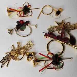 Variety of gold colored metal and plastic music themed Christmas Ornaments lot 7
